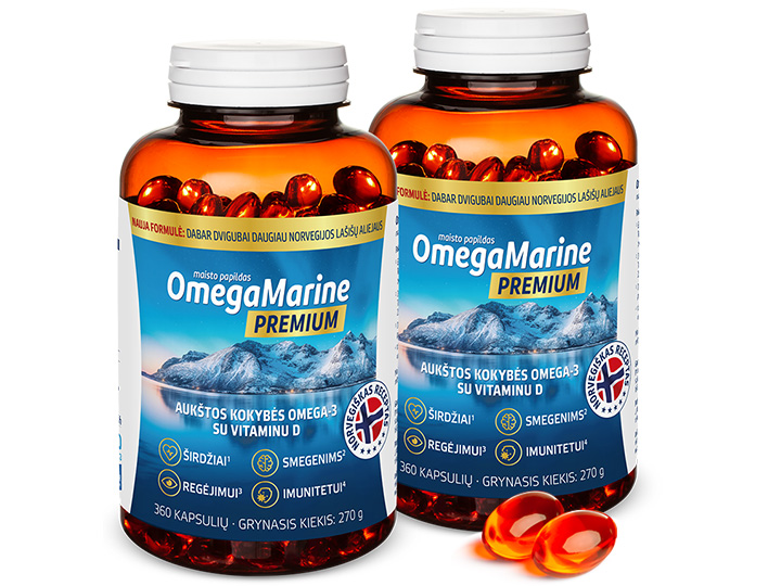 Natural Pharmaceuticals „OmegaMarine™ Premium“ – maisto papildas su omega-3 ir vitaminu D, padedantis palaikyti širdies, smegenų, regėjimo ir imuninės sistemos veiklą.